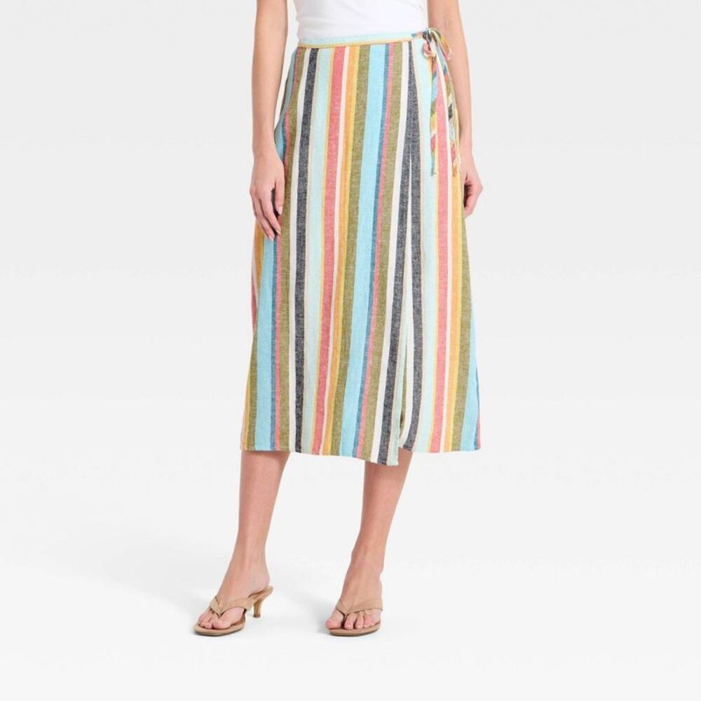 Women's Linen Midi Wrap Skirt - A New Day Cream Striped M